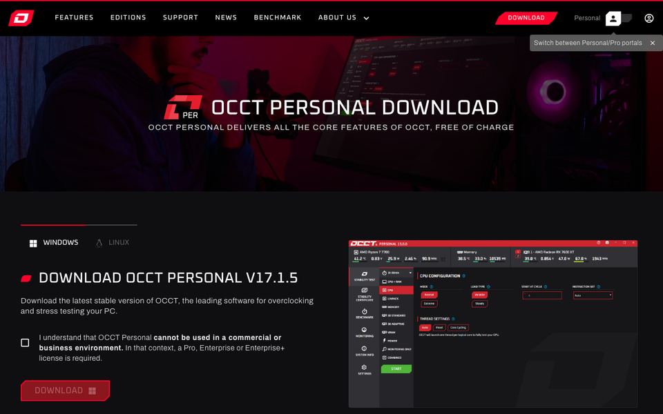 OCCT 공식 다운로드 페이지 화면