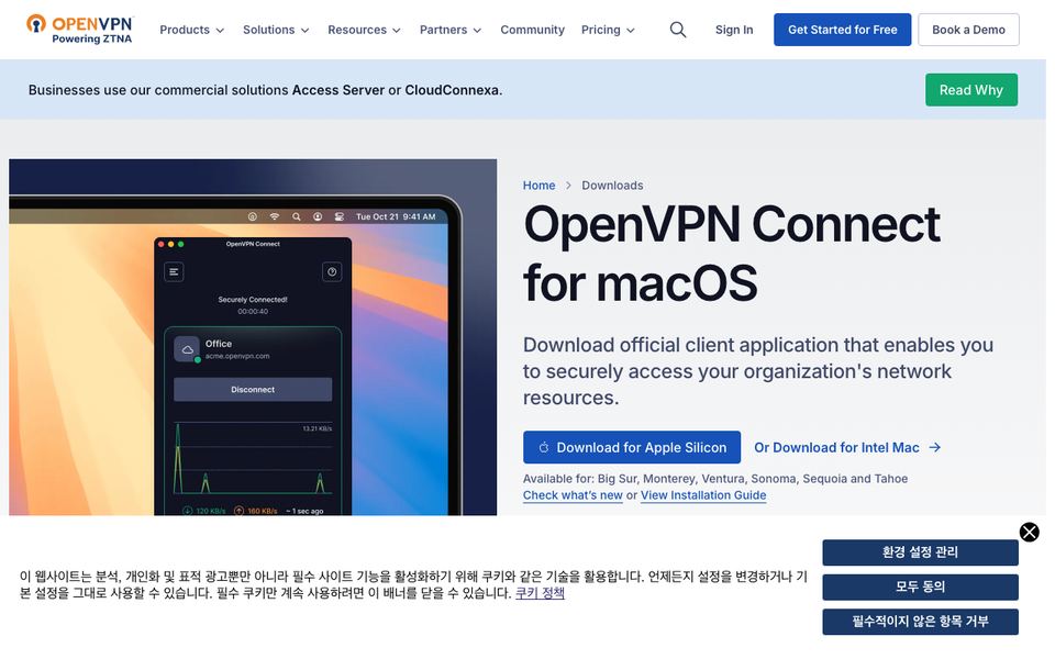 오픈VPN 공식 다운로드 페이지 화면